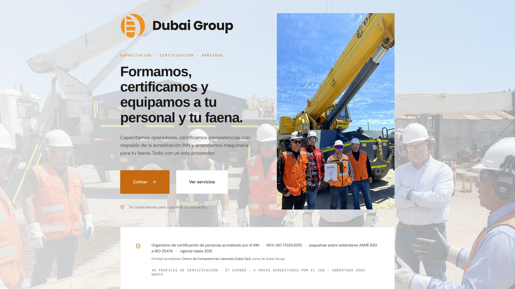 Sitio público de Dubai Group: portada con el titular «Formamos, certificamos y equipamos a tu personal y tu faena» y la franja de acreditación INN