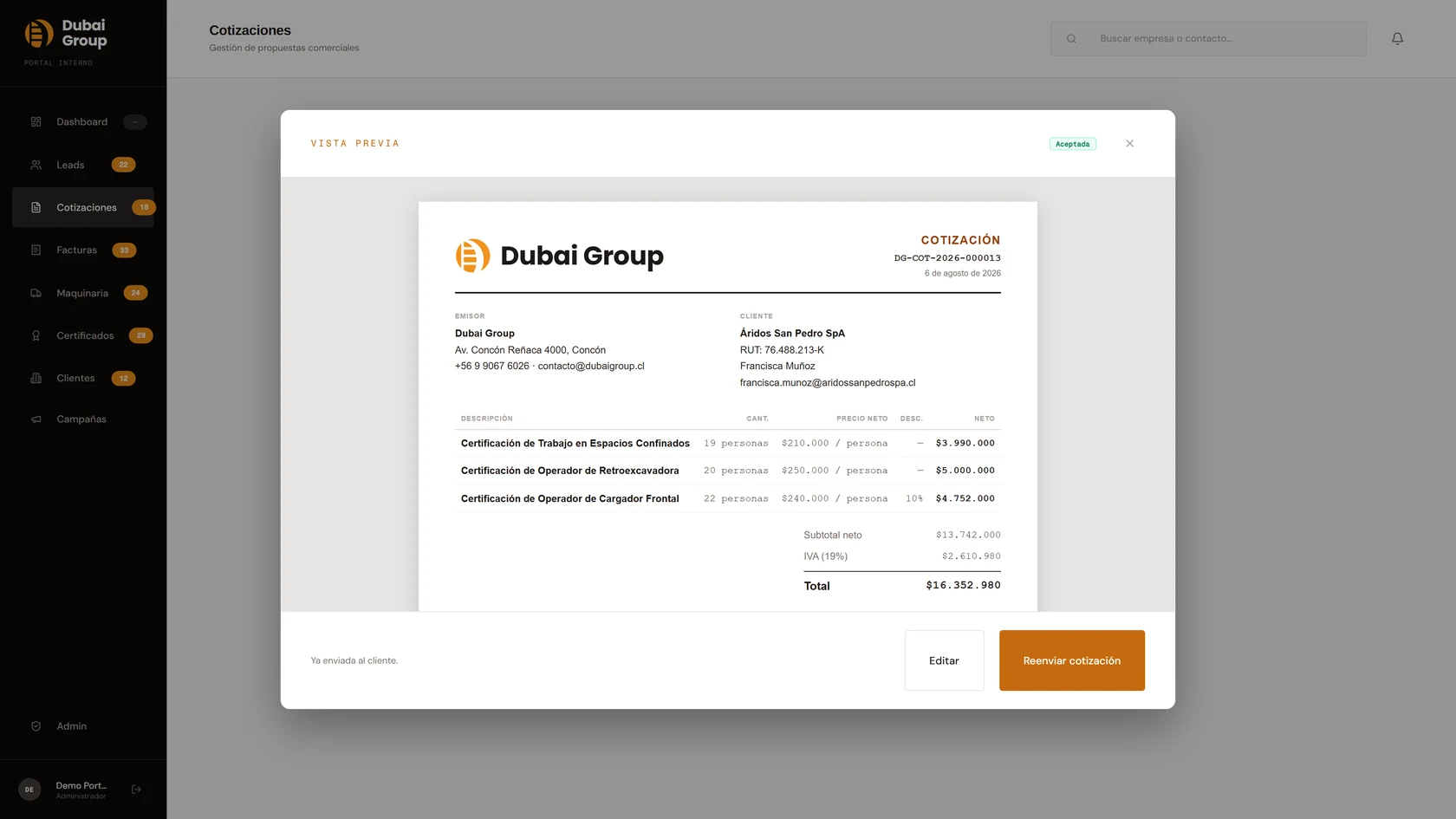 Plataforma de Dubai Group: vista previa de una cotización generada por el sistema, con folio correlativo, datos de emisor y cliente, detalle de servicios y totales