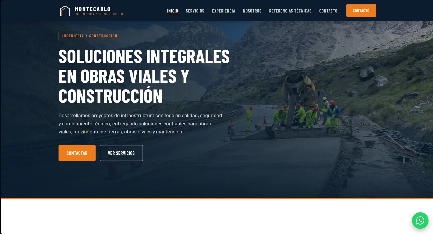 Sitio web de Montecarlo Ingeniería y Construcción: portada con el titular «Soluciones integrales en obras viales y construcción» sobre una faena de pavimentación en cordillera