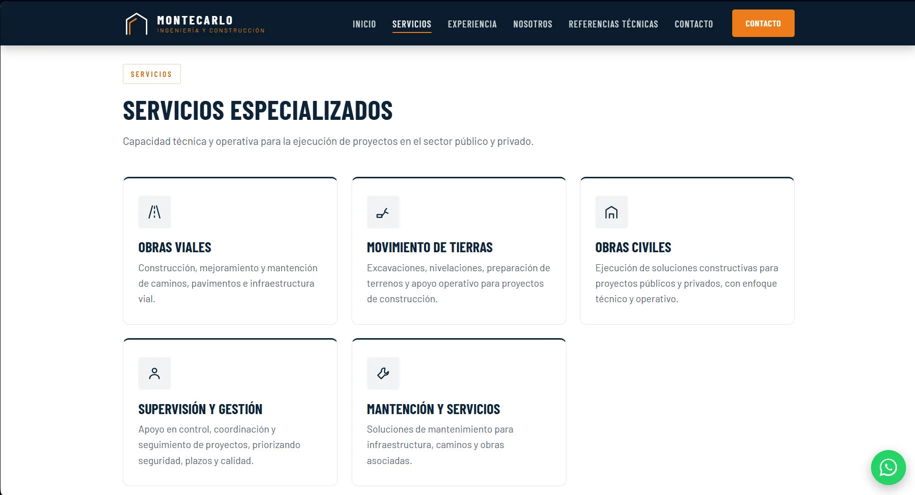 Sitio web de Montecarlo Ingeniería y Construcción: sección de servicios especializados: obras viales, movimiento de tierras, obras civiles, supervisión y mantención