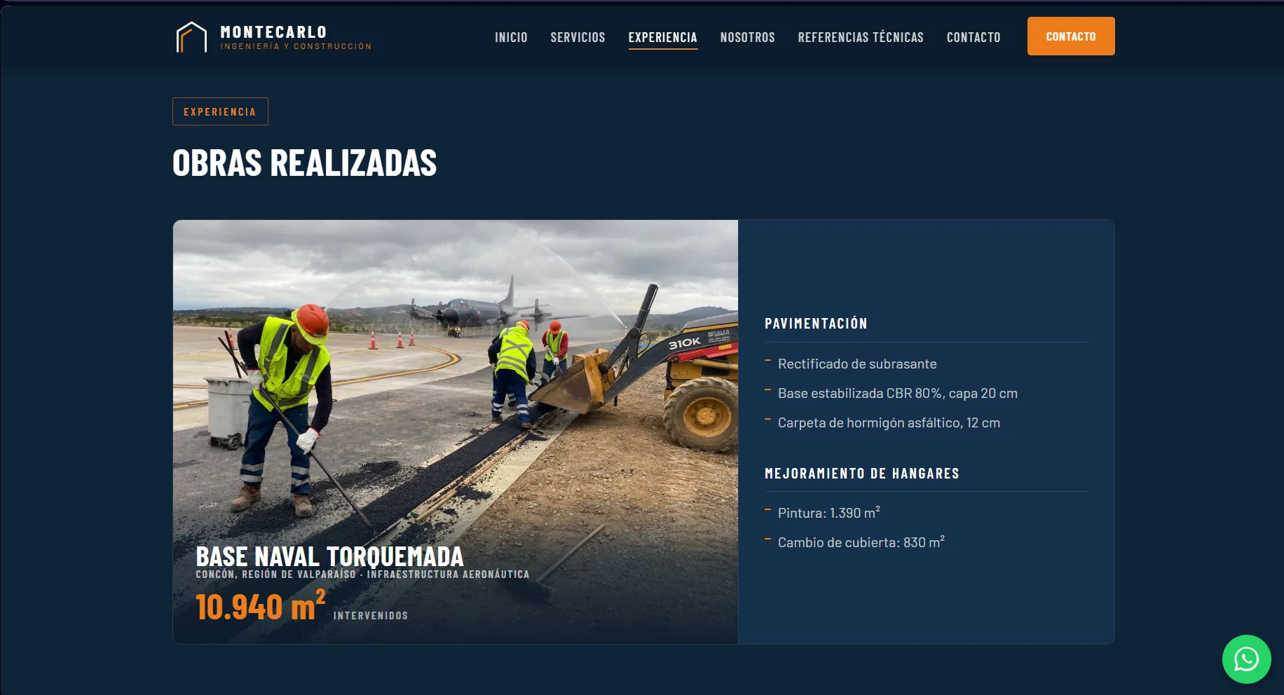 Sitio web de Montecarlo Ingeniería y Construcción: sección de experiencia con obras realizadas, destacando la pavimentación de la Base Naval Torquemada