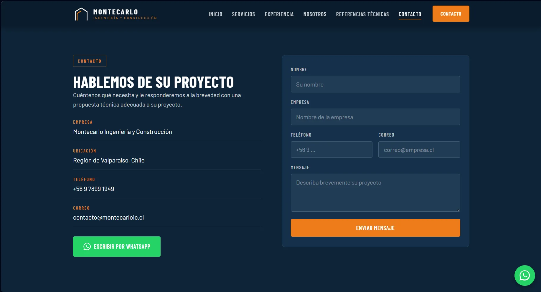 Sitio web de Montecarlo Ingeniería y Construcción: sección de contacto con formulario y datos de la empresa
