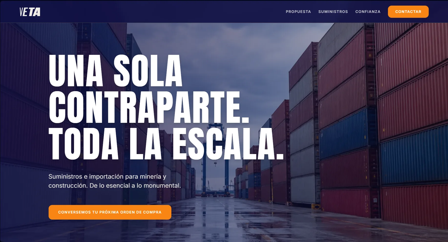 Paleta de color y tipografía de VETA: naranja industrial, azules y blanco cálido; Anton para titulares e Inter de soporte